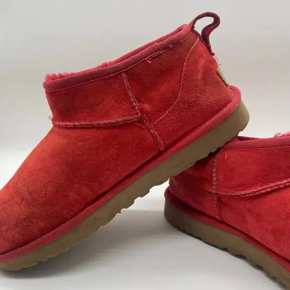UGG Ultra Mini Red Classic Booties Leather Ankle Boots Winter Women's size 9 - Picture 7 of 11